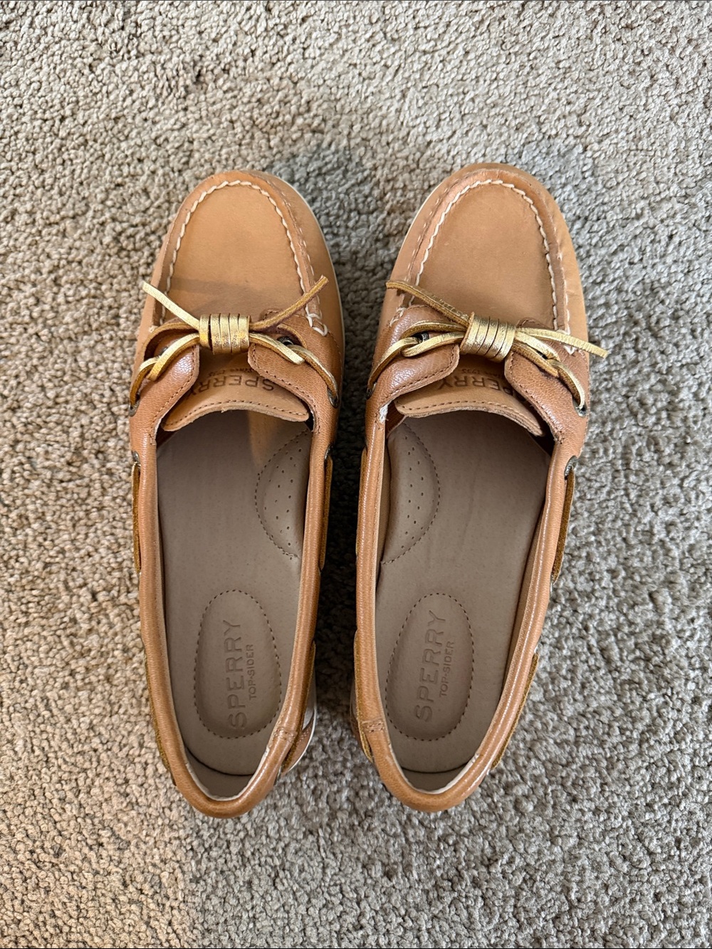 Sperry Women's Tan Leather Moccasin Loafers with Gold Laces
